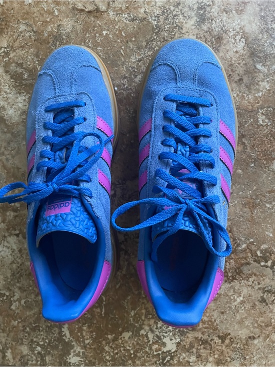adidas Shoes - adidas Blue Suede Sneakers with Pinkish Purple Stripes